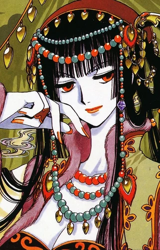 Yuuko Ichihara — a Bruxa das Dimensões, dona da loja de desejos, em quimono japonês segurando um kiseru